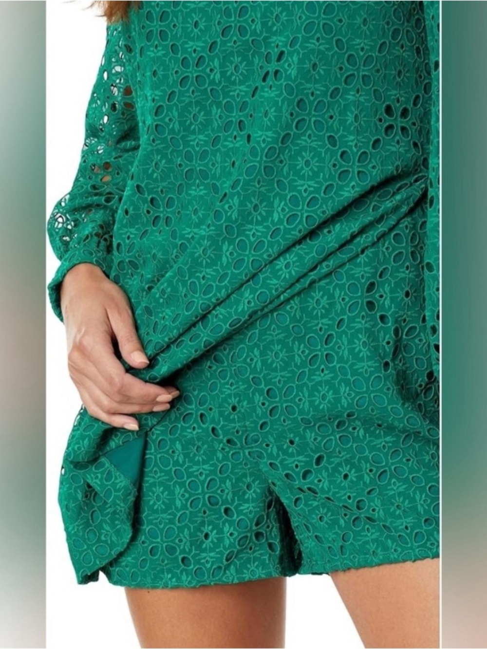 Lilly Pulitzer Emerald Green Eyelet Long-Sleeve Shift Dress - Picture 3 of 5
